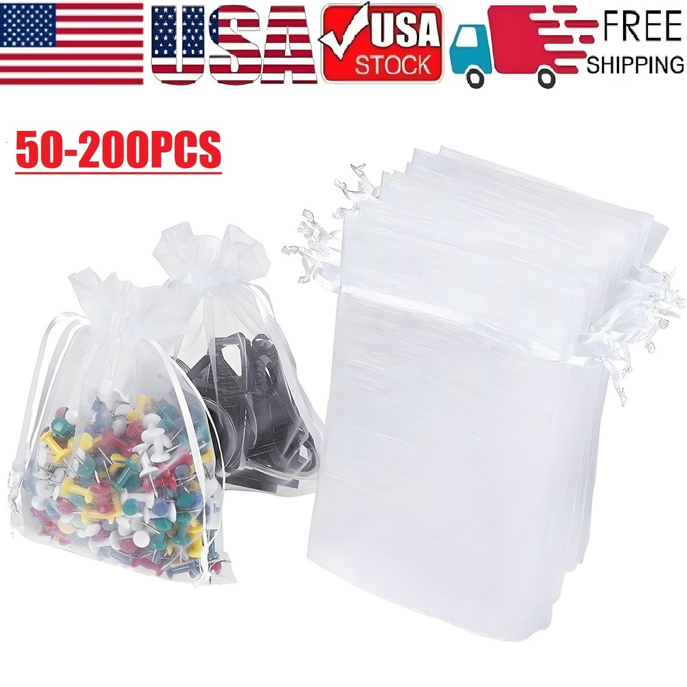 200× Sheer Organza Bags White Wedding Favor Candy Bags with Drawstring 4″x5″ USA