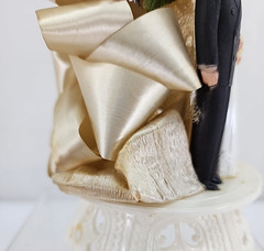 1950’s Wedding Cake Topper Bride & Groom Ribbon Leaves on Plastic Stand