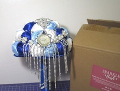 8″ Wedding Bouquet Royal Blue & White Artificial Closed Roses with Rhinestones