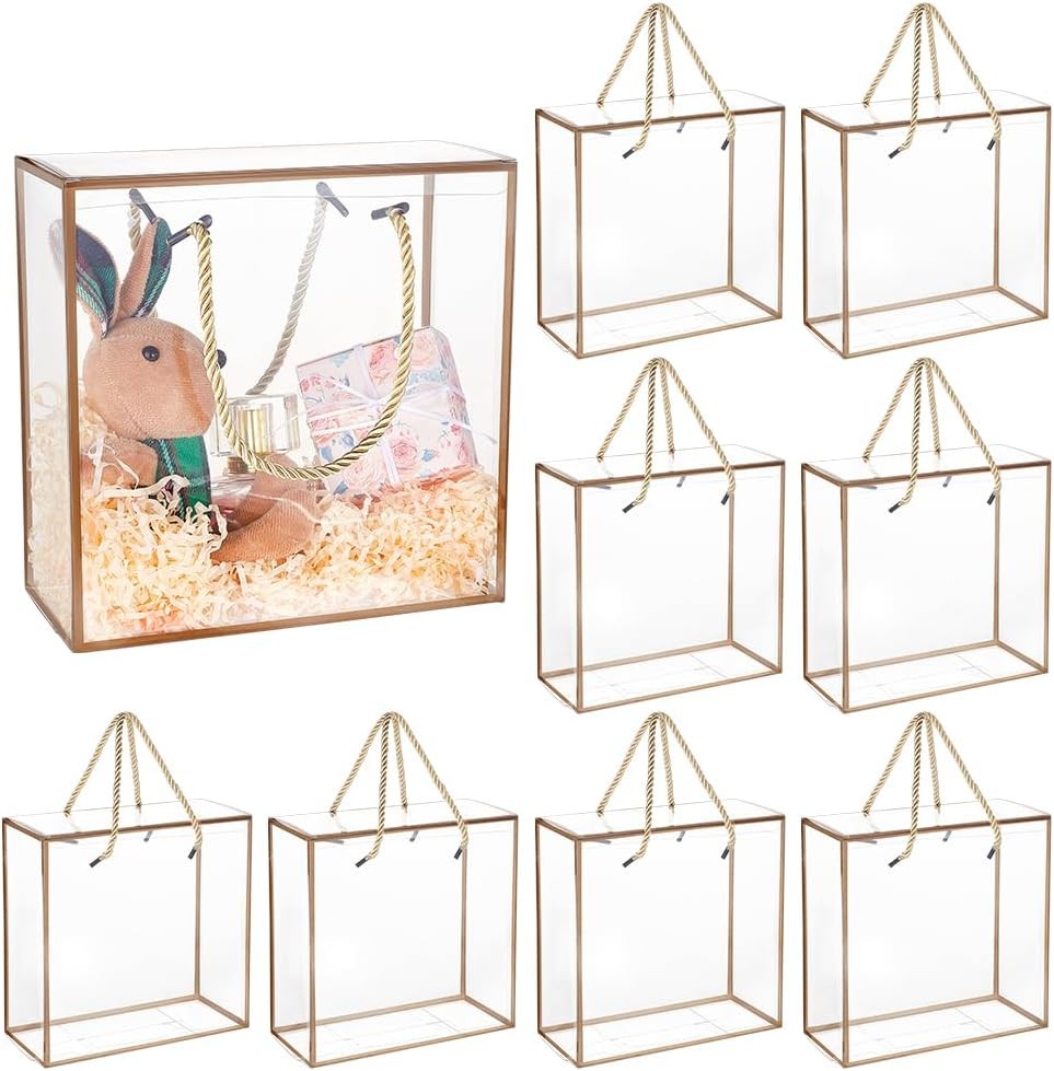 10 Packs Clear PET Plastic Gift Box 7.8×7.8×3.5 Inch Treat Gift Boxes W/ Gold