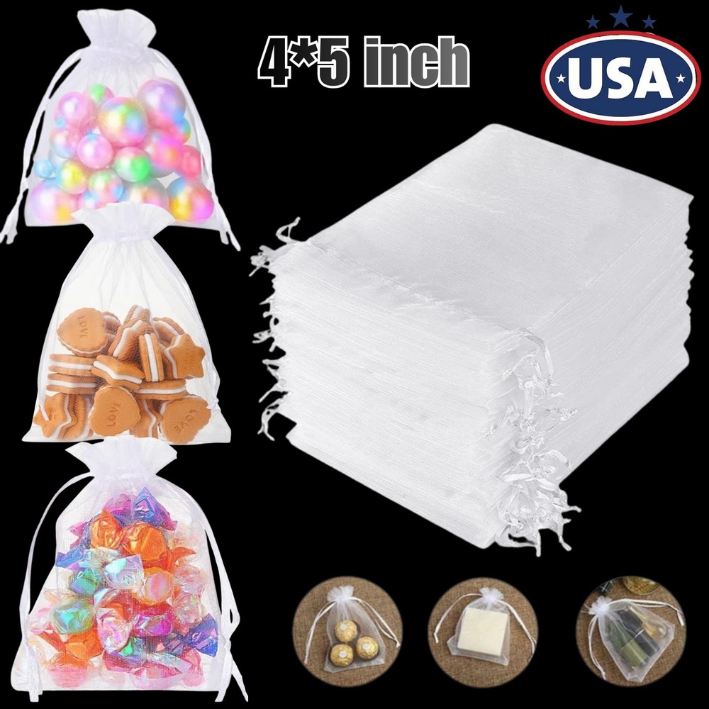 100Pcs Sheer Organza Bags White Wedding Favor Candy Bags with Drawstring 4 x 5″