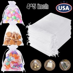 100Pcs Sheer Organza Bags White Wedding Favor Candy Bags with Drawstring 4 x 5″