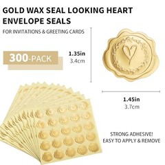 300pcs Gold Embossed Wax Seal Looking Heart Envelope Seals for Gold Heart
