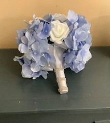 Periwinkle Hydrangea and white rose wedding bouquet
