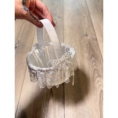 Vintage White Satin Lace Flower Girl Basket Faux Pearl Rhinestone Bow Wedding