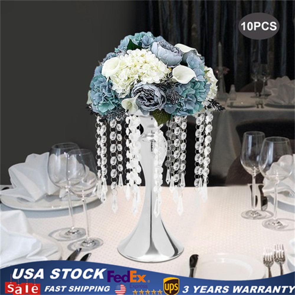 10PCS Silver Vases Wedding Centerpieces Flower Stand Table Decor w/Crystal Beads