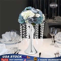 10PCS Silver Vases Wedding Centerpieces Flower Stand Table Decor w/Crystal Beads