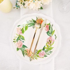 25 White 9″ Round Paper Plates with Flower Wreath Design Disposable Tableware