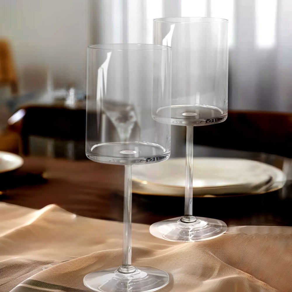 6 CLEAR Plastic Cylindrical Wine Glasses with Long Stem Party Wedding Tableware
