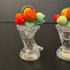 Set Of 4 Vintage Czech Glass Place Card Holder With Fruit Design Topper