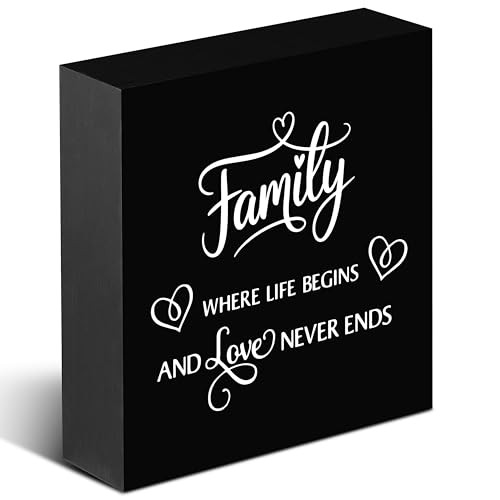 Family Sign, Wooden Box Decor 5×5 in Family Shelf Decor, Family Plaque Black