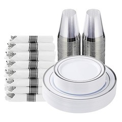 175 Piece Plastic Dinnerware Set for 25 Guests, Silver 175 Piece (25 guests)