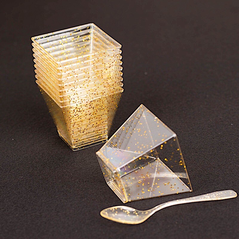 24 CLEAR 2 oz GOLD Glittered Square Plastic Dessert CUPS Spoons Set Party Events