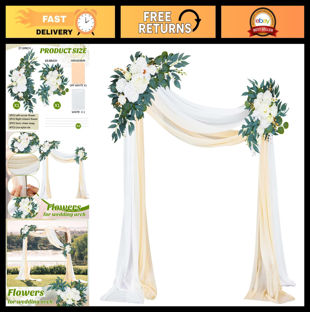 4 Pcs Wedding Arch Floral Kit – 2 Artificial Swags & 2 White Chiffon Drapes for