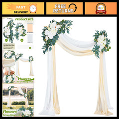 4 Pcs Wedding Arch Floral Kit – 2 Artificial Swags & 2 White Chiffon Drapes for