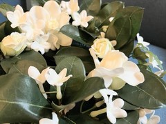 Stephanotis & White Rose Candle Rings, Dk Green Leaves-10″Dia . Set Of 14