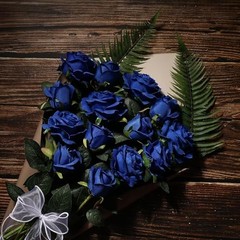 12PCS Artificial Silk Flowers Realistic Roses Bouquet 6 Flowers 6 Buds Blue