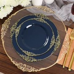 10 NAVY BLUE GOLD 10″ Round Plastic Salad Dinner PLATES Embossed Baroque Rim