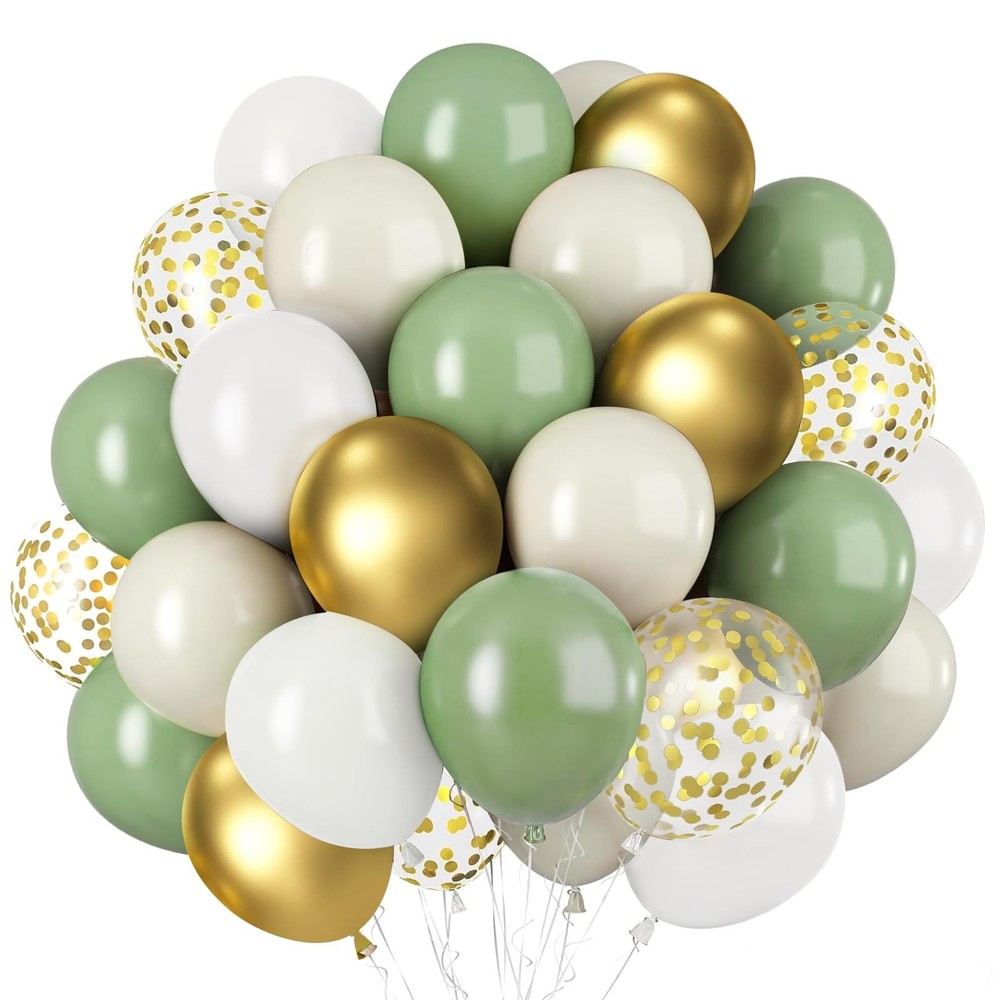 Sage Green White Gold Balloons, 50pcs Olive 12inch, Green, White,