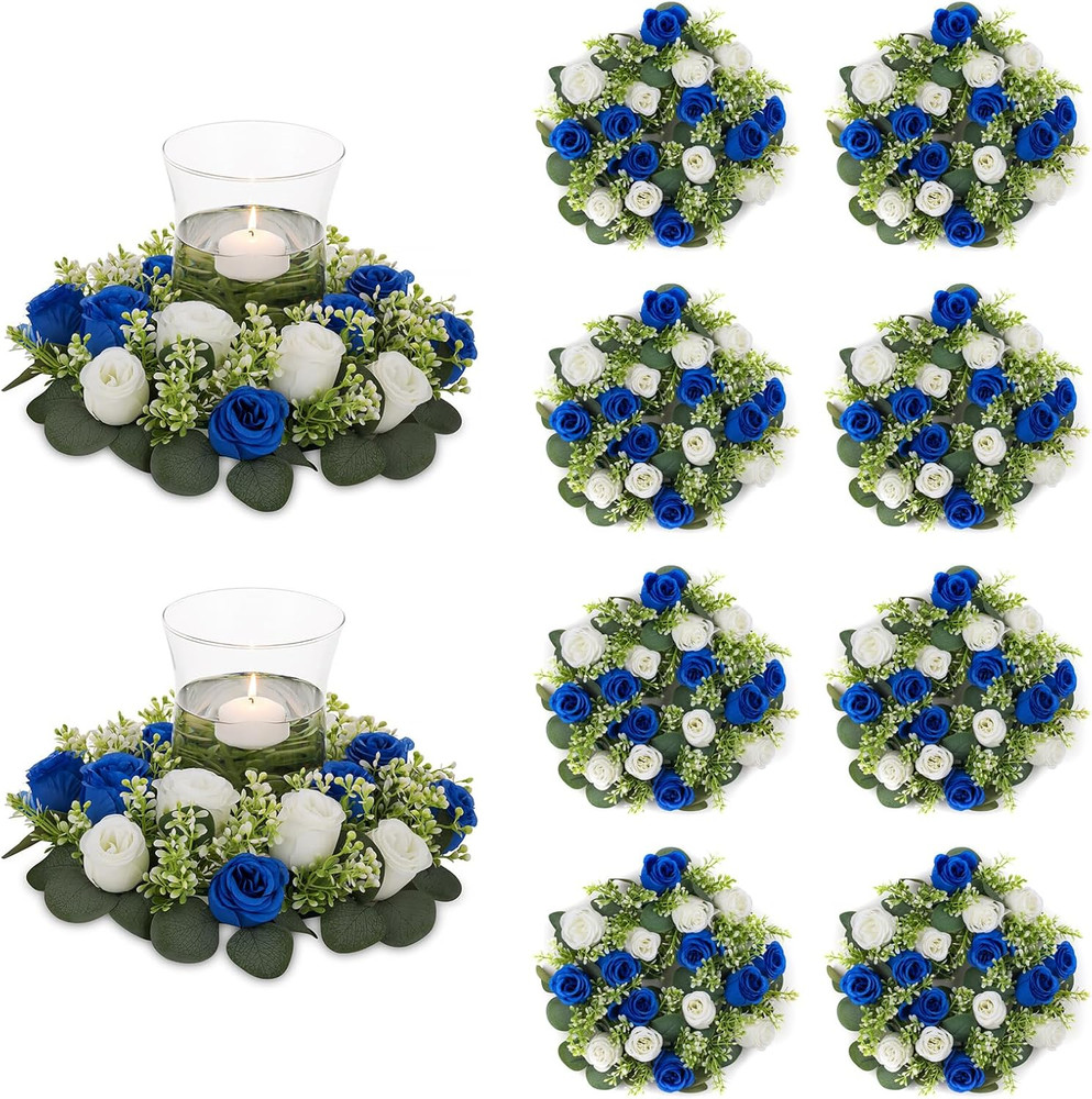 Royal Blue & White Flower Centerpieces – 10 Pcs Artificial Rose Wreaths