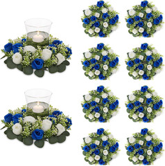 Royal Blue & White Flower Centerpieces – 10 Pcs Artificial Rose Wreaths