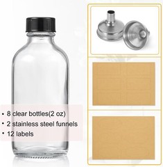 8 Pack, 2 oz Small Clear Glass Bottles w/ Lid & 2 Stainless Steel 2oz,