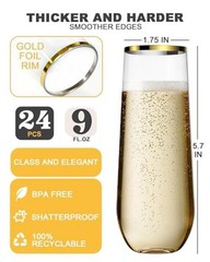 24 Pack Champagne Flutes Plastic, 9 Oz Disposable Stemless Mimosa Gold-24 Pack