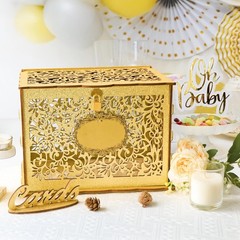 Wooden Gift Card Box for Weddings with Lift-off Lid and Glittery Gold Finish