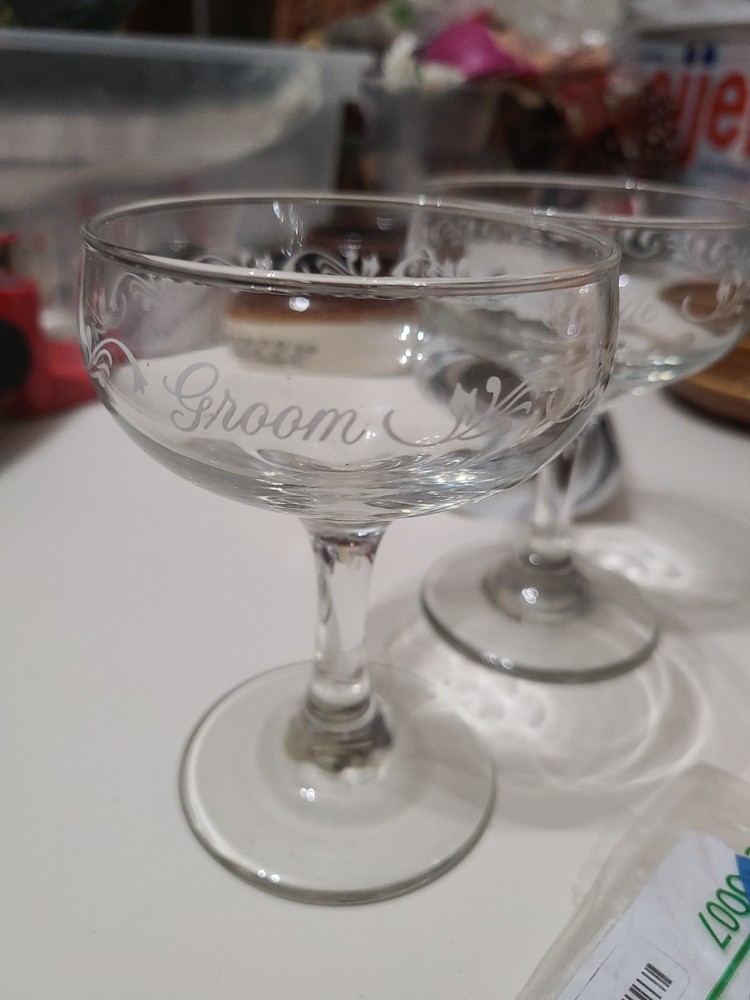 Vintage Bride & Groom Champagne Coupe Glasses Etched Scroll Wedding Toast Set