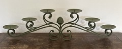 Vintage Green Painted Cast Iron Metal 6 Pillar Candle Candleholder Centerpiece