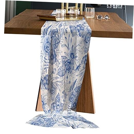 Chiffon Table Runner Floral Pattern Blue and Chinese style9712 27×120 Inch