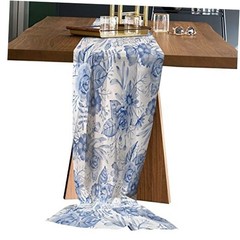 Chiffon Table Runner Floral Pattern Blue and Chinese style9712 27×120 Inch