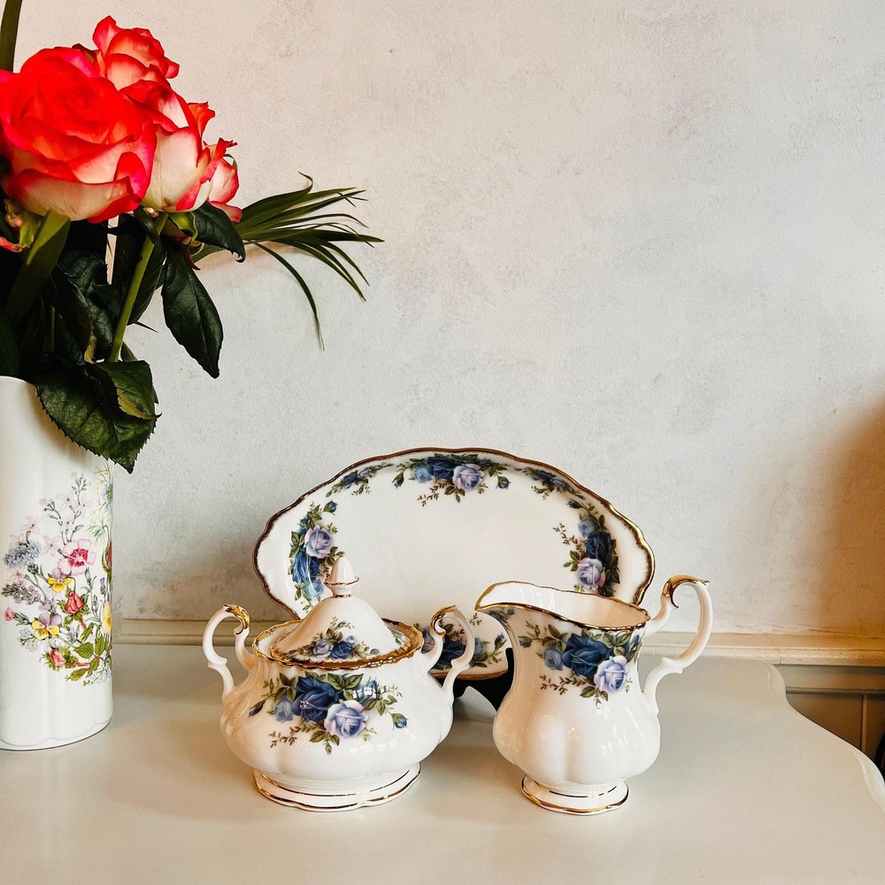 Royal Albert Moonlight Rose Sugar Bowl, Creamer & Tray: Bone China Trio