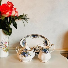 Royal Albert Moonlight Rose Sugar Bowl, Creamer & Tray: Bone China Trio