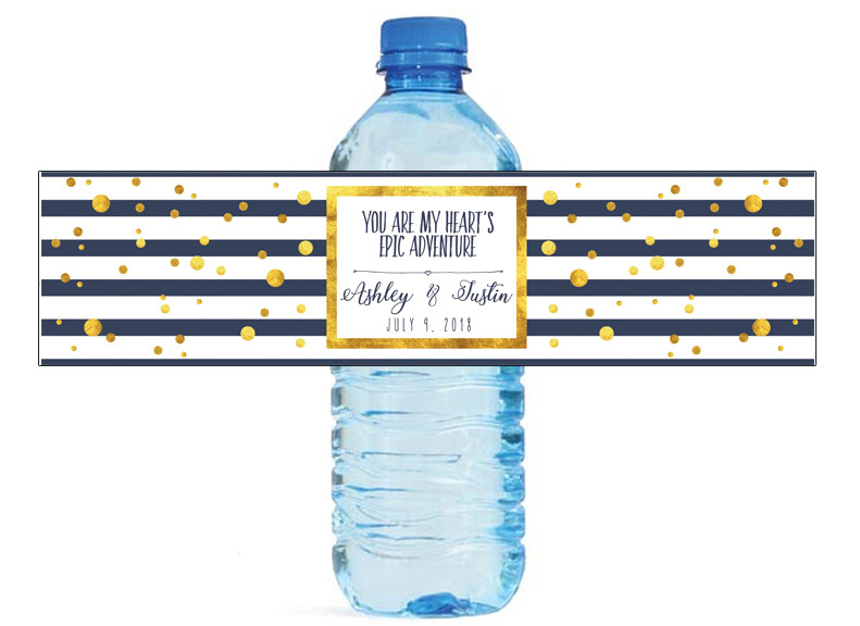 Gold Confetti on Blue & White Stripes Water Bottle Labels Wedding Engagement