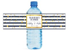 Gold Confetti on Blue & White Stripes Water Bottle Labels Wedding Engagement