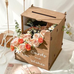 Brown Wedding Card Box with Wave Flower Trough, Wooden Gift Card Box for Wedd…