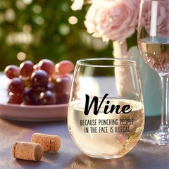 Wine Because Punching People in the Face is Illegal – Funny 15oz Stemless Win…