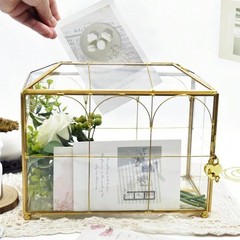 Gold Glass Wedding Card Box With Slot Lockable For Reception Baby Shower Graduat