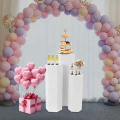 Set of 3 Hexagonal Display Pedestal Wedding Party Cake Flower Stand Pillar White