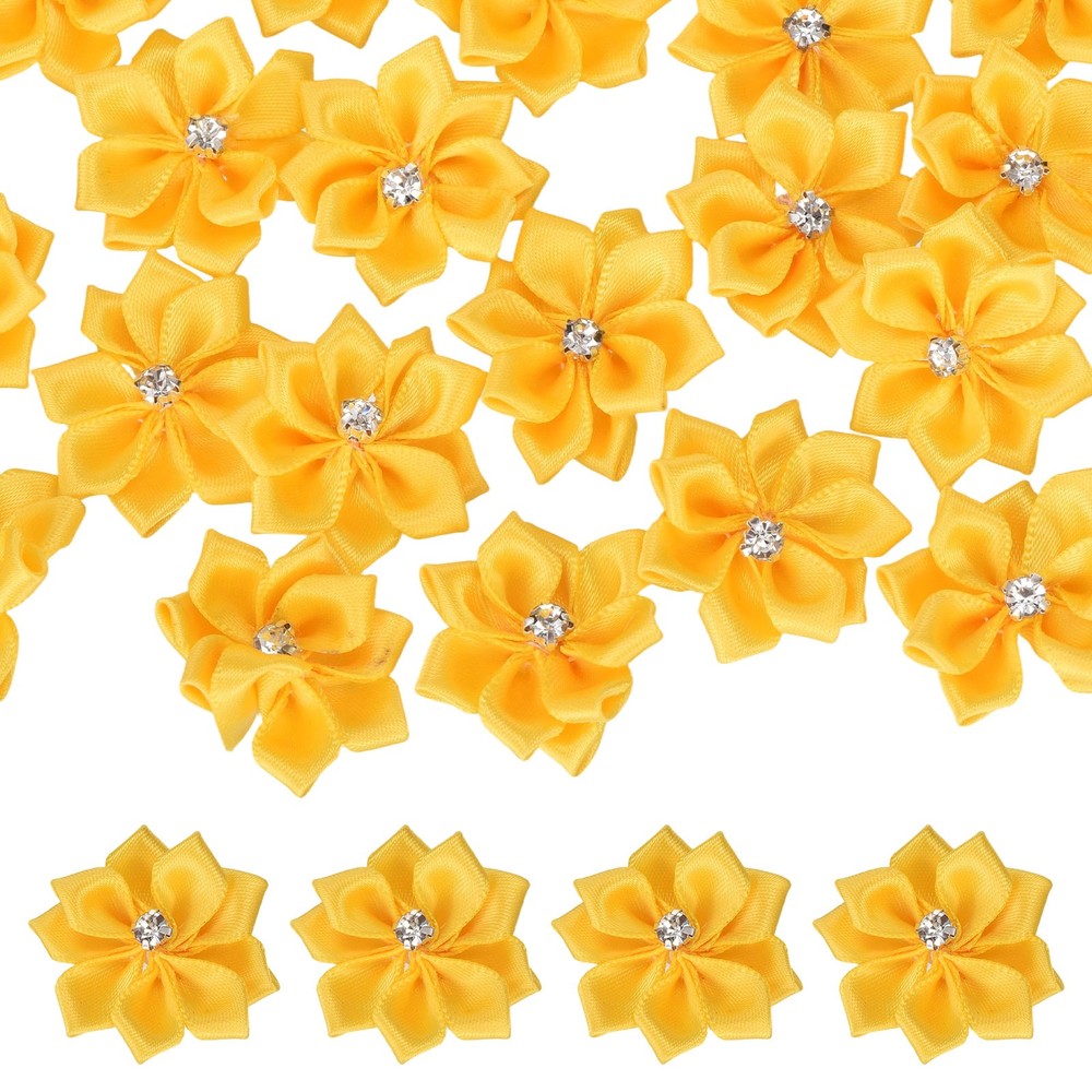 100 Pcs Ribbon Flowers, 1.2 in Fabric Flowers with Rhinestones Yellow