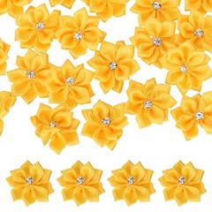 100 Pcs Ribbon Flowers, 1.2 in Fabric Flowers with Rhinestones Yellow