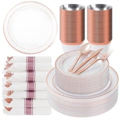 350PCS Clear Plastic Plates with Trim for 50 Guests, 50 Guests Set Rose Gold