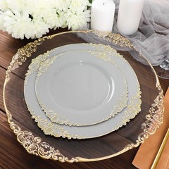 10 GRAY GOLD 10″ Round Plastic Salad Dinner PLATES Embossed Baroque Rim Party