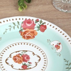 25 TURQUOISE 7″ Paper Round Plates with Vintage Rose Flower Print Wedding