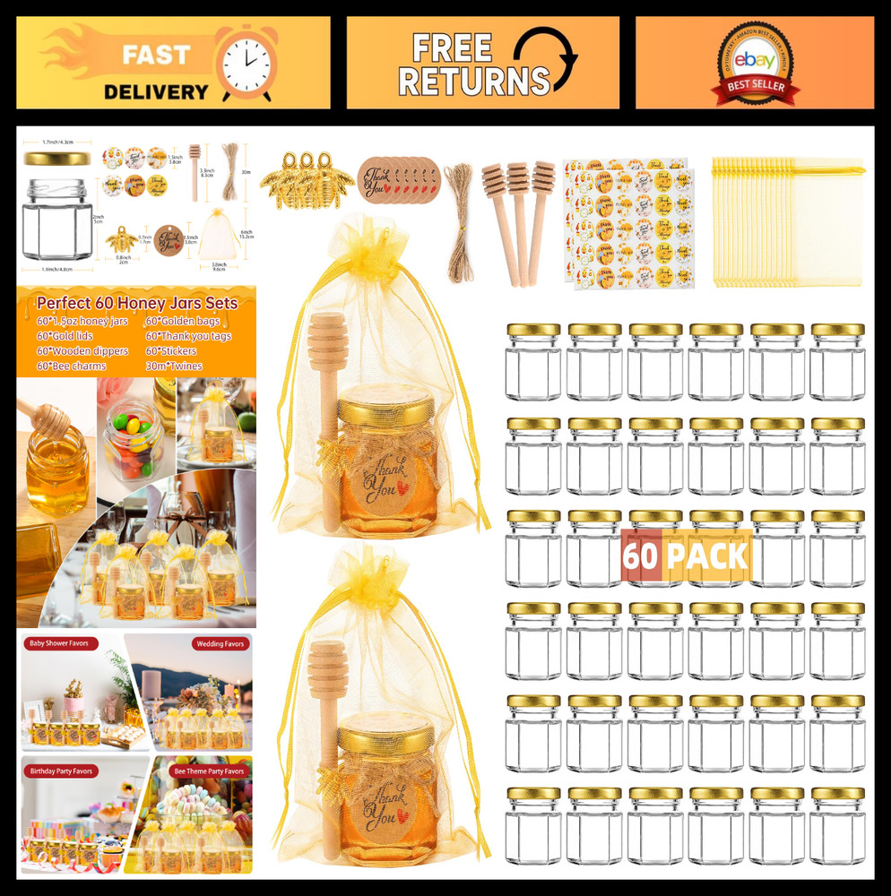 60 Mini Hexagon Glass Honey Jars with Dippers & Lids – Party Favors for Weddings