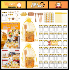60 Mini Hexagon Glass Honey Jars with Dippers & Lids – Party Favors for Weddings