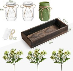 3 Pc Mason Jar Centerpiece Set w/Wood Tray & LED Lights, Green Farmhouse Decor