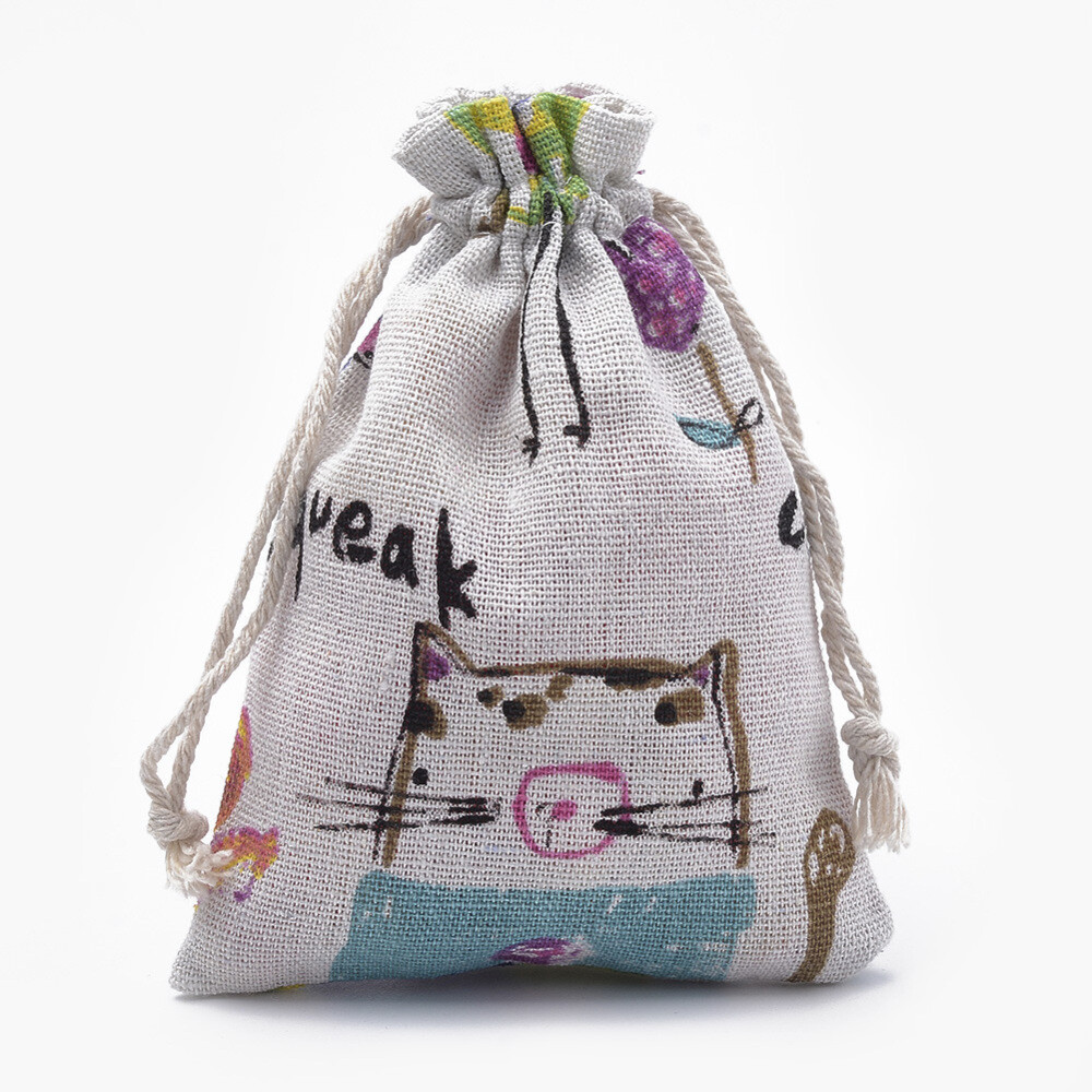 Cotton Gift Bag Jewelry Pouches Sacks Packing Pouches with Printed Cat and Mouse