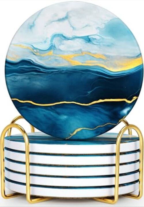 Set of 6 Blue Absorbent Marble Ceramic Coasters for Drinks – Blue